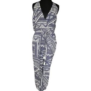 Lovestitch Vintage Noa Tribal Printed pocket Halter Navy and White Jumpsuit S